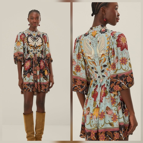Farm Rio Blue Flowing Beauty Short Sleeve Mini Dress